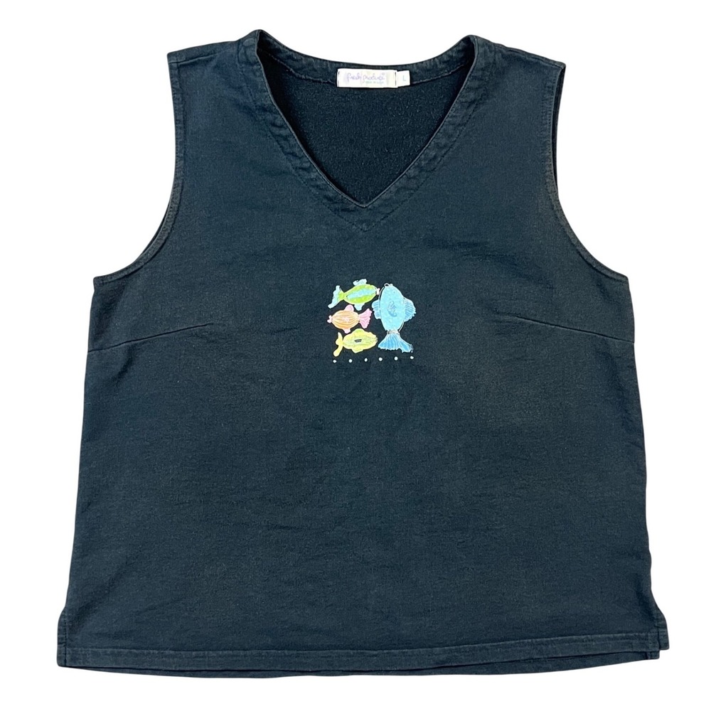 Fresh Produce Sleeveless Top Women L Black Embroidered Fish V-Neck USA Cotton